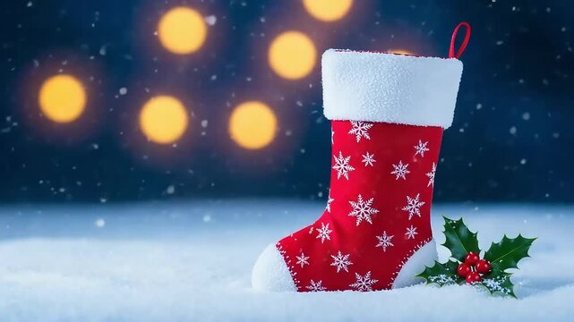 A festive red christmas stocking adorned with white snowflakes sits in the snow, waiting for santa claus, with warm bokeh lights in the background
