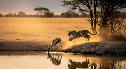 A cheetah leaps towards an unsuspecting antelope near a waterhole at sunset in the savannah