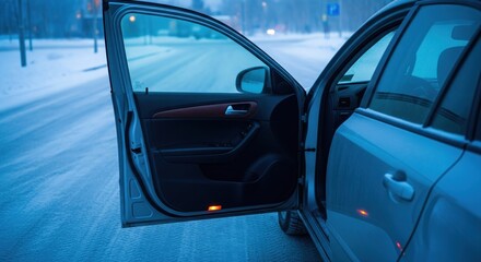 Obraz premium Open car door on a snowy road at twilight