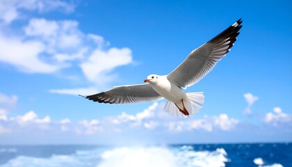 Obraz premium Seagull soaring in a blue sky