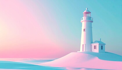 Pastel lighthouse on a hill, serene sunrise