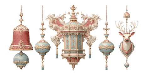 Ornate Decorative Elements with Bell, Lantern, Ornament, and Deer Head
