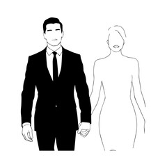 Black and White Vector Illustration of a Couple Man and Woman in Minimalistic Clean Line Art Style