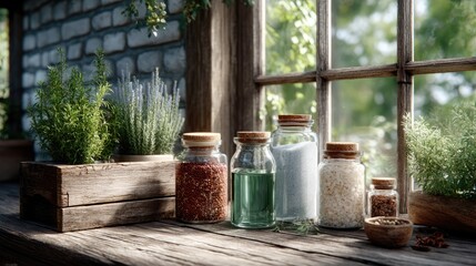 Fototapeta premium Aromatic Spices in Glass Jars on Wooden Window Sill with Natural Light