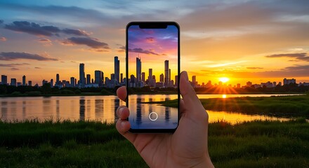 Capturing a beautiful metropolitan city skyline and river during a vibrant golden hour sunset with a modern smartphone