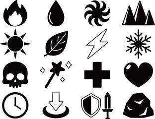 ゲームの属性アイコン16種セット　モノトーン