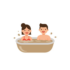Couple enjoying mud bath in large tub. Relaxation, spa, wellness, luxury, health, romantic, vacation, rejuvenation, therapy, natural.