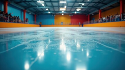 Fototapeta premium A brightly lit indoor skating rink floor, showcasing a vibrant blue surface with people spectating in the background.