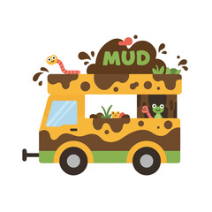Cute mudcovered truck carrying worms and frogs in playful illustration perfect for childrens book covers, educational materials, and naturethemed designs.