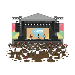 Kpop band immersed in a mudcovered stage, showcasing a unique and unforgettable performance for a lively concert or music event.