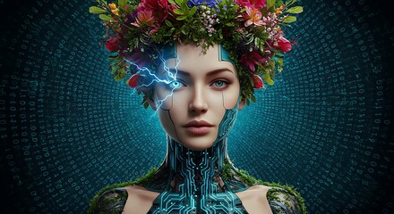 Futuristic Woman with Floral Crown A Fusion of Nature and Technology