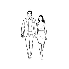Black and White Vector Illustration of a Couple Man and Woman in Minimalistic Clean Line Art Style