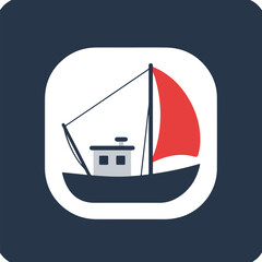 Dark blue boat with a red sail. Suitable for nauticalthemed designs and icons for marinerelated businesses.