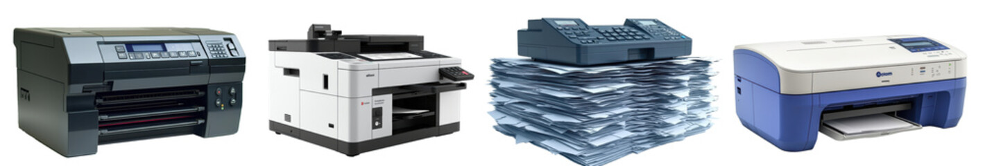 Various office equipment including printers and a fax machine representing modern technology for business operations png isolated on transparent background