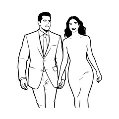 Black and White Vector Illustration of a Couple Man and Woman in Minimalistic Clean Line Art Style