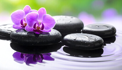 Purple Orchids on Black Zen Stones