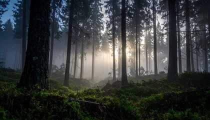 Obraz premium Fog hangs above forest floor