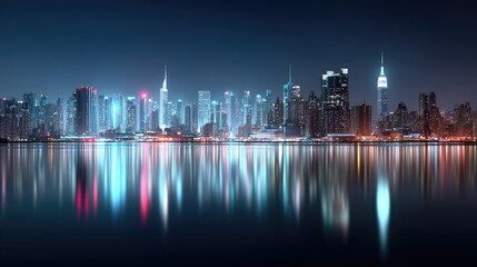 Fototapeta premium Vibrant Cityscape Reflection with Illuminated Skyscrapers at Night along Dark Water Surface