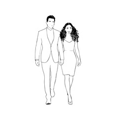 Black and White Vector Illustration of a Couple Man and Woman in Minimalistic Clean Line Art Style