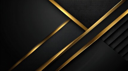 Abstract composition of geometric black shapes accented with thin, bright golden lines