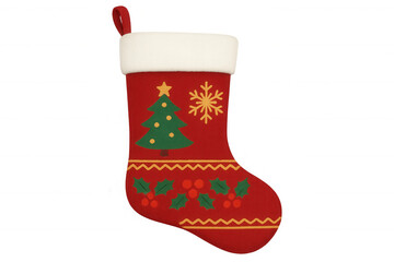 Red christmas stocking displaying festive holiday warmth, featuring winter themed illustrations. Transparent background