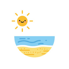 Cute smiling sun shines above beach and ocean waters. Suitable for summer vacation, travel websites, or inspirational designs.