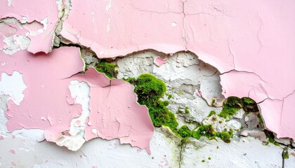 Obraz premium Peeling pink paint on weathered wall with moss