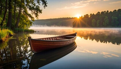 Serene sunrise over calm lake, wooden rowboat gently floats