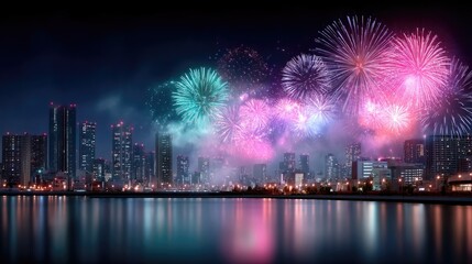 Vibrant Fireworks Display Over City Skyline at Night Reflected in Water with Pink and Teal Bursts