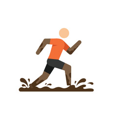 Man running through mud in orange shirt and grey shorts. Suitable for sports, fitness, determination, and overcoming obstacles concepts.