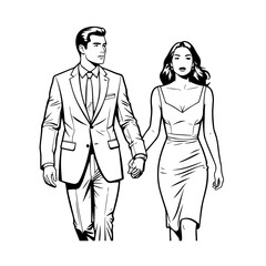 Black and White Vector Illustration of a Couple Man and Woman in Minimalistic Clean Line Art Style