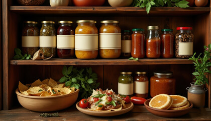 Fototapeta premium Rustic pantry jars, vintage country kitchen, warm wood tones, storage