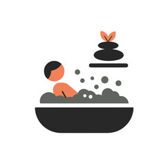 Relaxing bath scene with nearby stones, ideal for spa, wellness, relaxation, selfcare, mindfulness, beauty concepts, and bathing product promotions.