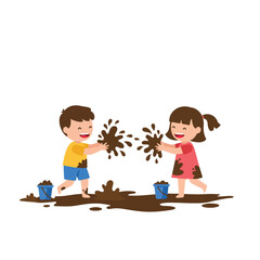 Two joyful children playing with mud, smiling and using small buckets. Suitable for childrens activities, outdoor fun, and summer concept designs.
