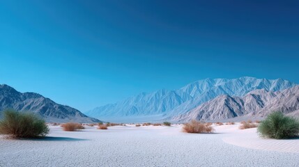 Vast Desert Landscape with White Sand Dunes under a Clear Blue Sky and Snowy Mountain Range during Daytime