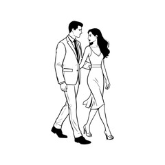 Black and White Vector Illustration of a Couple Man and Woman in Minimalistic Clean Line Art Style