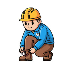 Fototapeta premium ready to work a cartoon construction worker tying his boots, isolated on transparent background