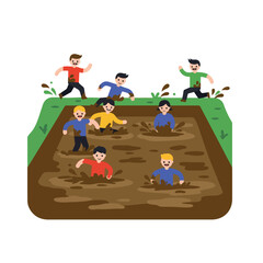 Perfect for articles on outdoor play or childhood development, this joyful image captures kids laughing and playing in a muddy pit.