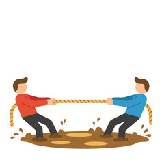 Two figures engaging in a competitive tug of war match in muddy terrain, suitable for illustrating rivalry, competition, and teamwork concepts.
