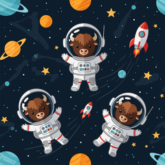 Cute cartoon yaks as astronauts exploring space with planets stars and rockets Fun adventure concept