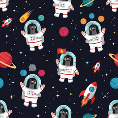 Playful seamless pattern cartoon astronaut moles rockets planets and stars in cosmic adventure