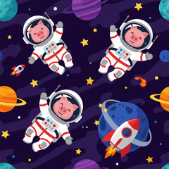 Happy astronaut pigs in space with colorful planets and rockets evoking imagination and adventure