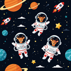 Cute deer astronauts explore outer space with planets and rockets Fun whimsical adventure