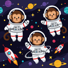 Cute cartoon monkey astronauts exploring space with rockets and planets Fun childhood adventure