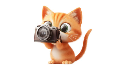 Curious Feline Photographer Capturing a Snapshot on White Background