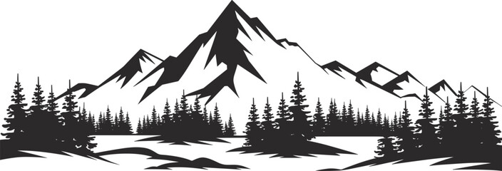 Majestic snow-capped mountain peak with pine forest silhouette, vector landscape illustration for adventure, travel, nature, and outdoor design themes