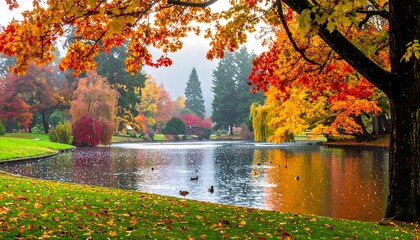 Obraz premium Autumnal park scene with a pond