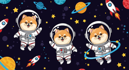 Adorable cartoon astronaut dogs float in space with planets stars and rockets Fun design for kids