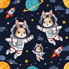 Cute astronaut bunnies float in space with planets stars and rockets A whimsical space adventure