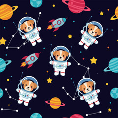 Cute astronaut dogs and rockets explore colorful outer space perfect for childrens designs